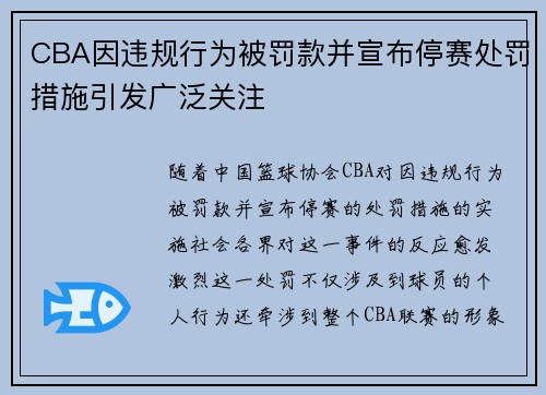 CBA因违规行为被罚款并宣布停赛处罚措施引发广泛关注